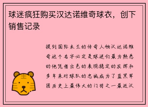 球迷疯狂购买汉达诺维奇球衣，创下销售记录